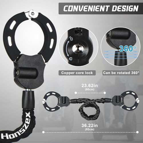 Honszex Candado Antirrobo para Scooters/Patinete Eléctricas/Bicicletas/ Carritos de Bebé, Candado de Cadena Resistente con Llave y Bolsa Impermeable