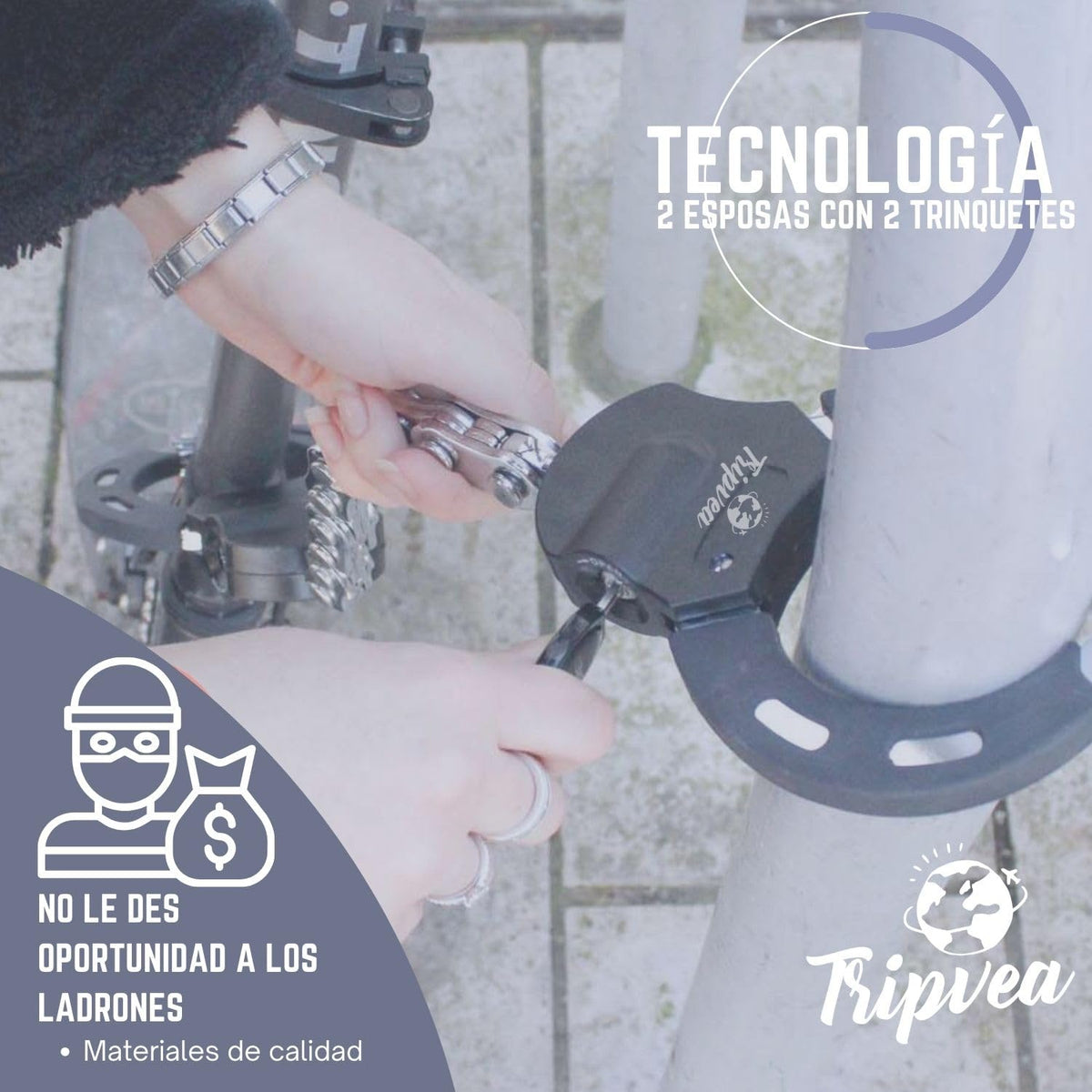 TRIPVEA® Antirrobo patinete eléctrico, velo, cochecito – Candado ultra resistente – Antirrobo – Cadena 9 eslabones – Longitud antirrobo 55 cm – Ø esposas 7,5 cm – Cerradura + 3 llaves